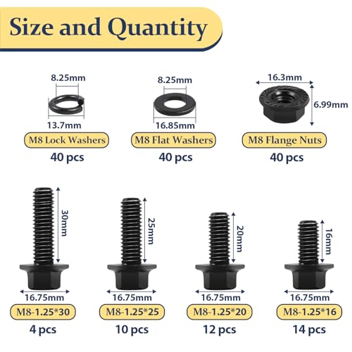 image for Vifmy M8-1.25 x 16/20/25/30mm Flange Hex Head Bolts Assortment Kit (16