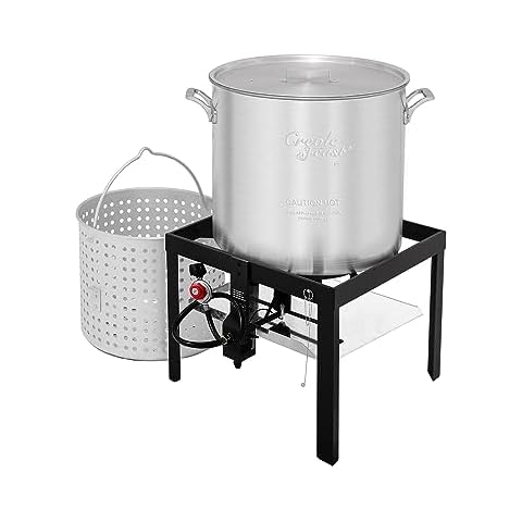 Creole Feast SBK0801 80 Qt Seafood Boiling Kit with Strainer, Outdoor Seafood Boil Pot and Basket with 100,000 BTUs Propane Burner and 10 PSI Regulator, Black & Silver Cover