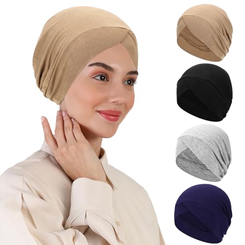 XEPST 4 PCS Hijab Undercap for Women, Islamic Muslim Under Hijab Cap Cross Turban Underscarf Solid Color Undercap Bonnet Inner Head Scarf Head Wraps Hair Turbans for Women Chemo Headwear Sleep Cap