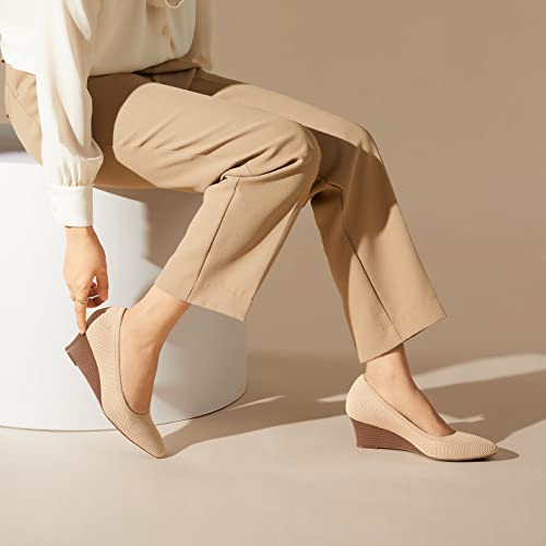Vivaia Tamia Wedge Women's Round Toe Wedge Pumps Shoes Comfortable Wedge Heels For Dressy Women Pumps With Arch Support Almond #TOP1