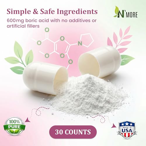 Image of N'More Vaginal Boric Acid Suppositories with Applicator - 600mg (60 Count), 100% Pure Boric Acid for pH Balance Support & Feminine Odor Control, Made in USA