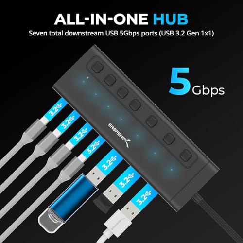 SABRENT Powered USB Hub, USB Hub Powered Docking Station USB Splitter, 7-Port 48W Powered USB C Hub with Switches (HB-3A4C) - Image 4