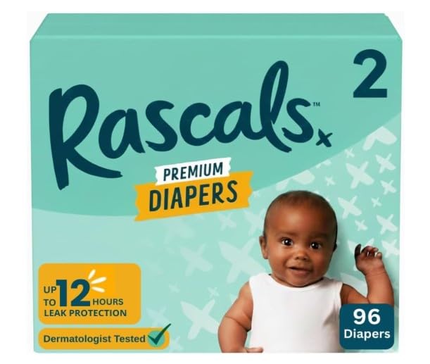 Image of New Rascals Premium Absorbent Baby Diapers Size 2, 96 Count, with 5 Sensitive Infant Wipes