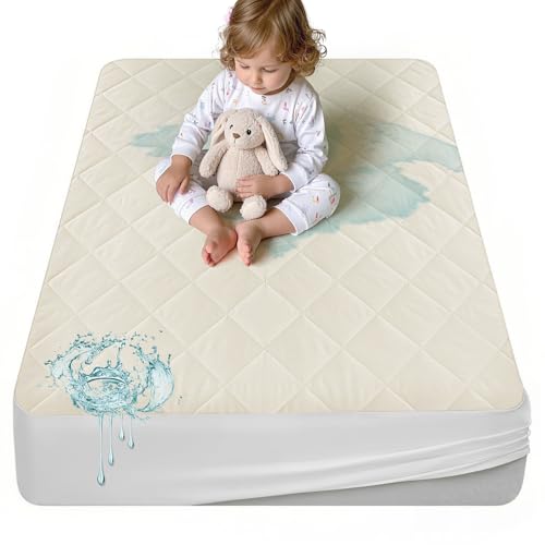 Image of Lofe Organic Cotton Crib Mattress Protector - Top&Side Waterproof, 100% Waterproof Crib Mattress Protector, Breathable Baby Crib Mattress Cover, Toddler Crib Mattress Fitted 52x28x9 in