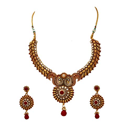 Collar de pavo real chapado en oro de 18k con cristal rojo Kundan de lujo para bodas