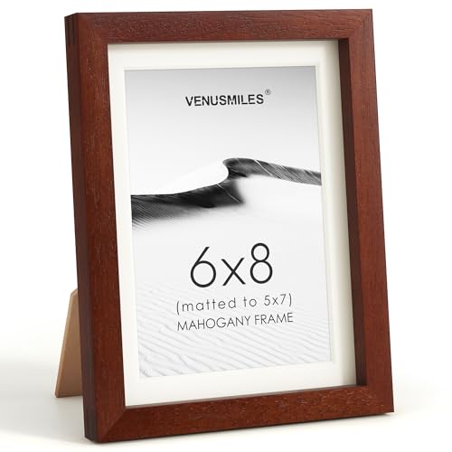 Image of 6x8 Picture Frame, USA-Sourced Natural Mahogany Wood Photo Collage Frame with HD Tempered Glass, Modern Simple 6 x 8 Wooden Frame Matted to 5x7, Gallery Wall Frames for Art, Wall or Tabletop Display