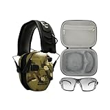 Walkers Razor Slim Electronic Hearing Protection Muff with Noise Reduction (Multicam Camo Tan) Bundle with Safety Glasses Case, and Protection Glasses (3 Items)