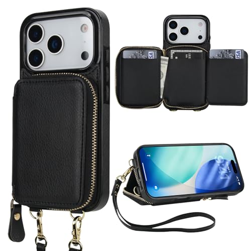 Bocasal RFID Blocking Wallet Case for iPhone 17 Pro, Adjustable Crossbody Zipper Purse Case Card Holder with Kickstand Detachable Wrist Strap, PU Leather Flip Folio Case 6.3 Inch 5G (Black)