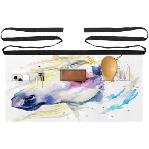 Tablier court de chef aquarelle cheval blanc lot de 3 avec poches