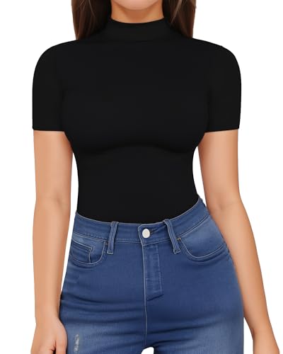 HERLOLLYCHIPS Mock Neck Tops for Women Basic Short Sleeve Tight Summer Sexy Dressy Casual Summer T-Shirts