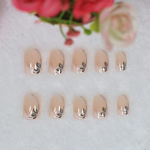 Ombre Pink Nude White French Press On Fake Nails Shimmer Glitter Leaf Short Squoval Square Nails For Girl False Finger Nail Art Tips #TOP4