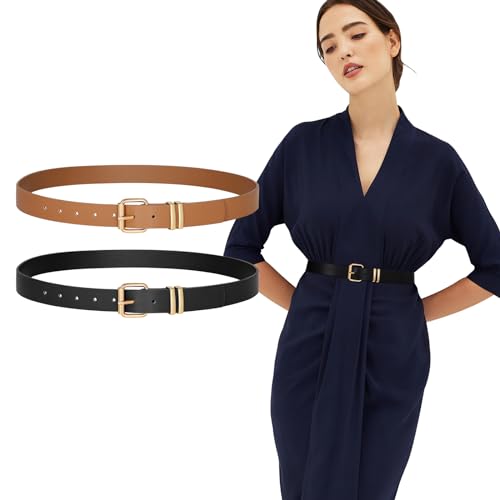 JASGOOD 2 Pack Women Belts for Jeans Ladies Leather Waist Belt for Pants Dresses with Gold Buckle2