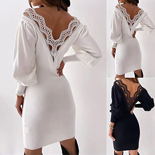 Masrin-Etuikleid-fuer-Damen-Sexy-rueckenfreies-figurbetontes-Spitzen-Patchwork-Kleid-Elegantes-einfarbiges-enges-Kleid-Minikleid-mit-V-Ausschnitt-und-Langen-Aermeln-Party-Kleid-Abendkleid
