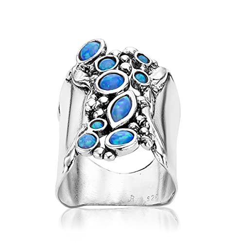 925 Sterling Silver Shield Ring W/ Multiple Bold Opal Textured Vintage Look Stylish Hypoallergenic Nickel And Lead-Free Artisan Handcrafted Designer Collection Made In Israel (Size 5-11) #TOP5