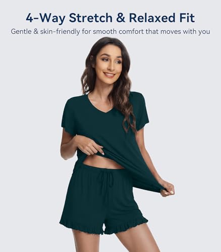 Image of WiWi Womens Pajamas Set Bamboo Viscose Super Soft Short Sleeve Top Ruffle Shorts Sleepwear Cooling Pj Sets S-XXL