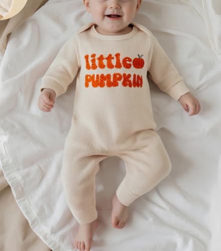 Karuedoo Newborn Baby Boy Halloween Outfit Little Pumpkin Embroidered Waffle Knit Romper Jumpsuit with Hat Coming Home Outfit2