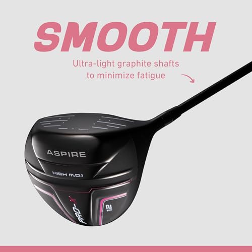 Image of Aspire PRO-X 16-Piece Womens Golf Club Set, Includes Titanium F Driver, #3 Fairway Wood, 4-5 Hybrids, 7-SW Irons, Putter, Cart Bag, 4 H /C's, Golf Clubs Women Right Handed, Regular & Petite Sizes