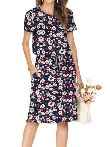 Image of Simier Fariry Womens Summer Hide Belly Knee Length Travel Dress Pocket Short Sleeve Midi Work Casual Outfits