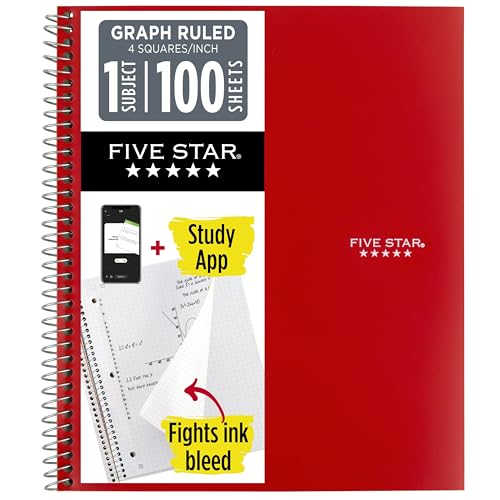 Five Star Spiral Notebook + Study App, 1 Subject, Graph Ruled Paper, 8-1/2" x 11", 100 Sheets, Fights Ink Bleed, Water Resistant Cover, Fire Red (620000D)