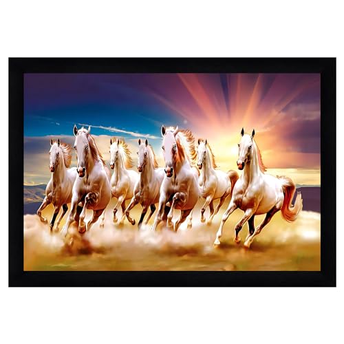 Image of Indianara Vastu Running Seven Horse Painting With Frame 20 Inches X 14 Inches (Style 8)
