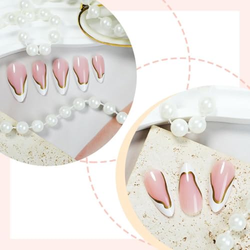 Image of NBNTGH White French Tip Press on Nails Gold Line Fake Nails Medium Almond False Nail with Design Nude Glue on Nails Artificial Acrylic Full Cover Glossy Stick on Nail for Women Manicure 24Pcs