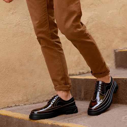 Men's Patent Leather Platform Oxfords Classic Lace-Up Wingtip Chunky Dress Shoes Lug Sole Non-Slip Casual Derby Shoes4