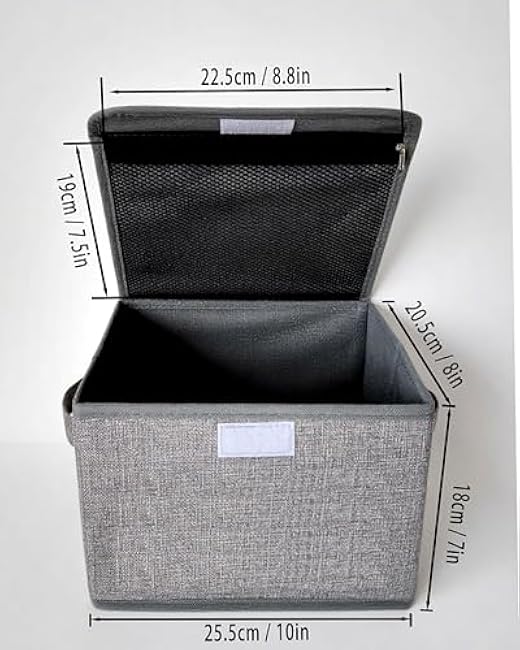 Small Storage Box, Storage Basket with Lid, Foldable Cotton Linen Fabric Keepsake Box, Organizer Container with Zipper for Decorative, Medicine, Greeting Card Organizer.(Gray)