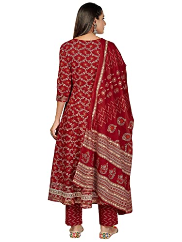 Image of Vbuyz Women's Printed & Handwork Anarkali Cotton Kurta with Pant & Dupatta | Kurta Set For Women | Suit Set For Women | Kurti Dress Set | Cotton Fabric Set
