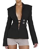 xxxiticat Women's Buckle Belt Blazer Coat Long Sleeve Lapel Collar Low Cut Padded Shoulder Front Open Cardigan Jacket(BL,S)