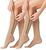 2 Pairs Compression Socks Toe Open Leg Support Knee High Socks Zipper Nude, XXL)