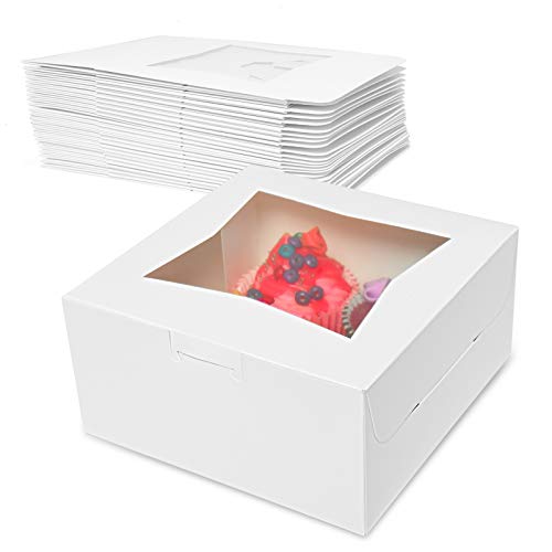 COYMOS Cake Boxes with Window-25 PCS 6x6x3\" White Bakery Boxes Square Cake Box with Transparent Window, Auto-Popup Disposable Cake Paper Box for Cupcake, Cookies, Pie, Donuts and Other Pastries