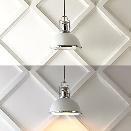 Image of JONATHAN Y Homer Industrial Dome Pendant 13 inch, White /Chrome | 1-Light, Farmhouse Style, Adjustable Hanging Height, Glass Diffuser, Sloped Ceiling Compatible, Metal, LED Bulb Included