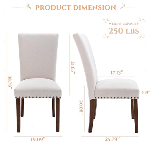 Image of Set of 4 Beige Upholstered Dining Chairs, Farmhouse Kitchen Chairs with High Back Support, Solid Rubberwood Legs, Comfortable Padded Seat, Bronze Nailhead Trim, Dining Room Chairs for Family Meals