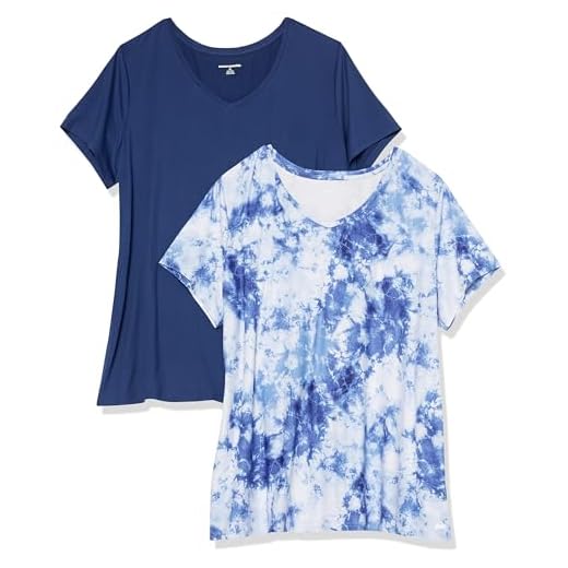 Amazon Essentials Damen Active Quick Dry Tech Stretch Kurzarm-T-Shirt mit V-Ausschnitt (in Übergröße erhältlich), 2er-Pack, Marineblau/Weiß Batik, XL