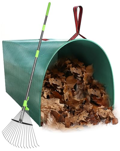 Joyhalo 63.4 Inch Rake for Leaves with 40 Gallon Dustpan-Typ Leaf Bags, Adjustable 18 Tines Metal Leaf Rake Set for Gardening Lawns Yard Outdoor Camping Shrub Grass Bush Grass Clippings