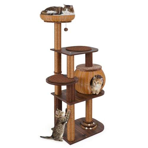 PETSITE 59.5-inch Tall PE Rattan Cat Tree Multi-Level Modern Wooden Cat Tower with Sisal Scratching Posts Ball Track Toy Comfy Condo with Removable Soft Pads and Hanging Ball Ideal for Indoor Cat