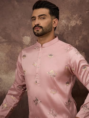 Image of Men's Calf Length Silk Blend Embroidered Solid Kurtas | Men | Kurtas for Mens | Straight Fit Kurta for Men's
