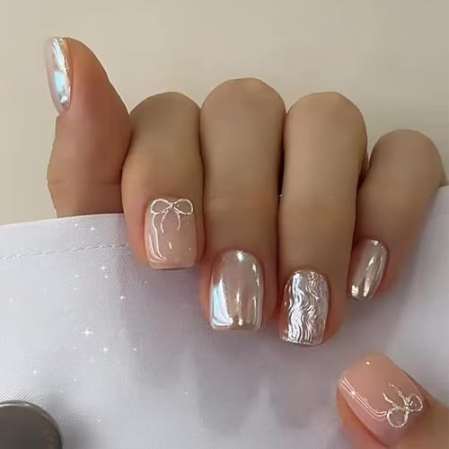 Short Press on Nails Square - Silver White Mirror Fake Nails Acrylic Nails Press ons Nail Art Tips with Ombre Bow Design Full Cover Nude Pink False Nails Stick on Nail for Women Girl 24Pcs
