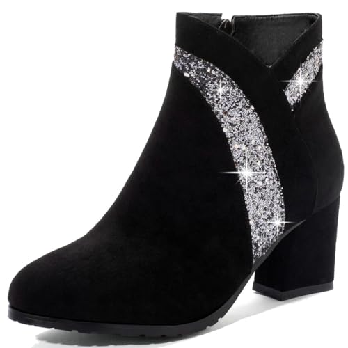 DINTAHA Womens Sparkly Boots,Suede Ankle Boots For Women,Chunky Heel Side Zip Sparkle Glitter Booties