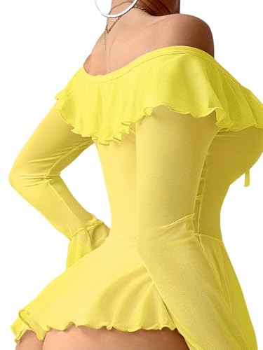 Image of Foxiny Sheer Ruffle Long Sleeve Babydoll Lingerie Dress | Off-shoulder neckline, flared cuffs and a flounce hem add movement; thong and thigh-high stockings complete the 3-piece set