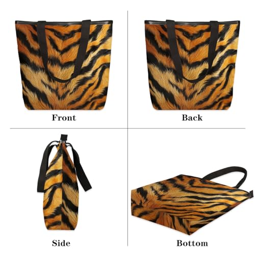 Animal Tiger Print Canvas Tote Bag for Women Large Tote Bag with Zipper & Pockets Canvas Beach Bag Shoulder Bag Reusable Shopping Bags Cute Tote Bags for Work Travel3