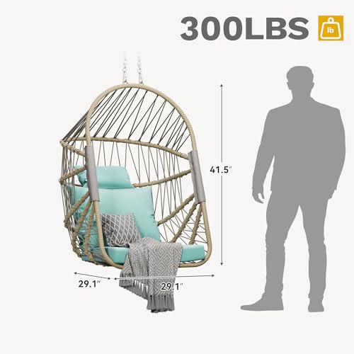 DWVO Foldable Hanging Egg Chair with Cushion, Rattan Wicker Swing Chair Without Stand, 350lbs Capacity, Indoor Outdoor Basket Seat for Balcony, Bedroom, Porch, Garden (Sky Blue)