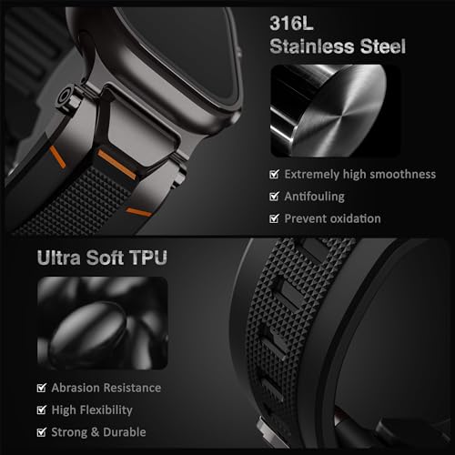 Image of ULTIMAL Rugged Band for Apple Watch Ultra 3 /2 /1 49mm, Series 11 /10 /9 /8 /7 /6 /5 /4 SE 46mm /45mm /44mm, Waterproof, Soft TPU Strap with Stainless Steel Buckle & Connectors, Sweat-Resistant, Easy to Clean, Fits 155-225mm Wrist (Black /Black)