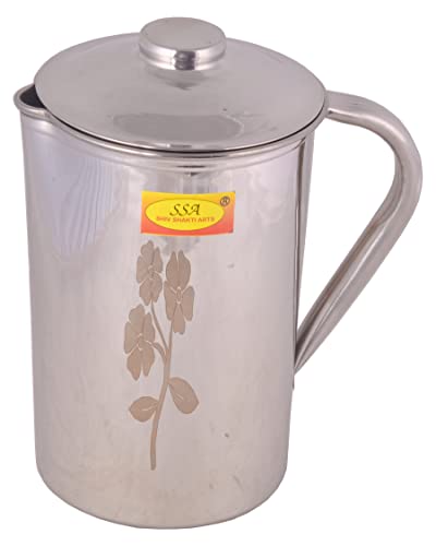 Shiv Shakti Arts® Pure Stainless Steel Water Jug with Lid Laser Flower Design Volume= 1.8 Litre (1 Piece,Silver,No 4)