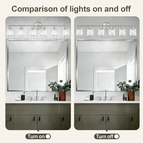 Image of Modern Brushed Nickel Crystal Bathroom Light Fixtures,6-Light | Bathroom Lighting Fixtures over Mirror,Vanity Lights for Mirror, Restroom(Ceramic E26 Socket,Bulbs Not Include)