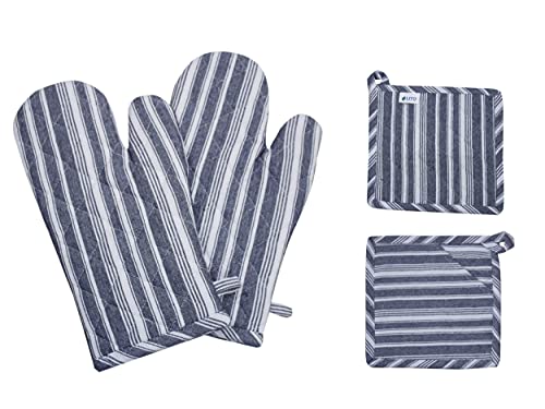 Oven Mitts And Pot Holders | 4 Pcs Blue Stripes |Heat Resistant Kitchen Microwave Glove For Baking Cooking Grilling, Good Fit Bbq, Soft Cotton Filling Non-Slip Surface, Hot Pads Mats Coasters #TOP5