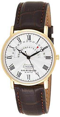 Akribos XXIV Men's Half Moon Pinion Date Display Watch - Silver Guilloche Design Dial On Brown Alligator Embossed Leather Strap - AK898
