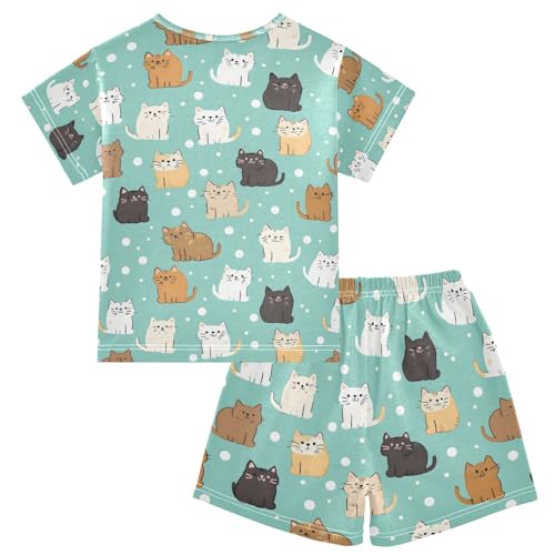 ALAZA Cat Polka Dot Kitten Pajamas Set Short Sleeve Cotton Sleepwear Summer Pjs 2 Piece 5-14Y2