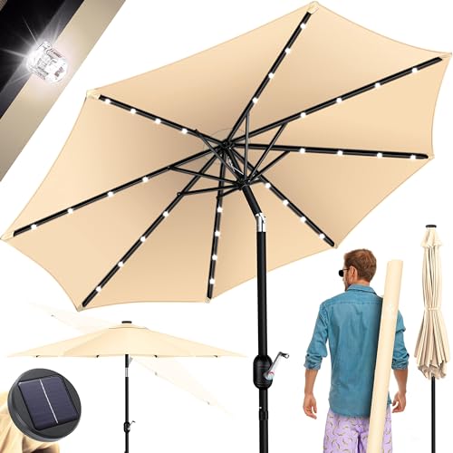 KESSER® Sombrilla Parasol LED Solar con Manivela Incluye Funda 2 en 1 Bolsa de Transporte | Ø 265cm Redondo | Sombrilla para Balcón Jardín y Terraza Ajustable y Inclinable