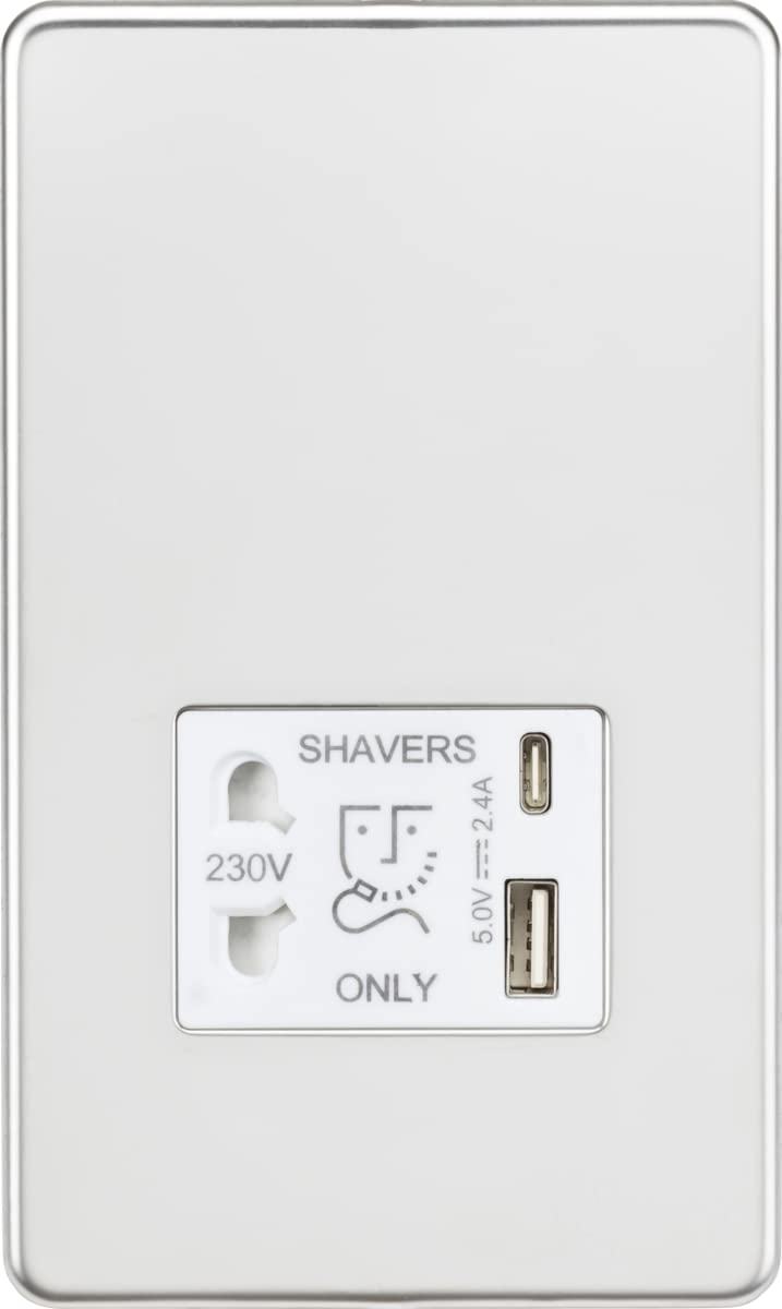 Knightsbridge Bezśrubowe gniazdo golarki z podwójnym USB A+C (5 V DC 2,4 A wspólne) - polerowany chrom z białą wkładką